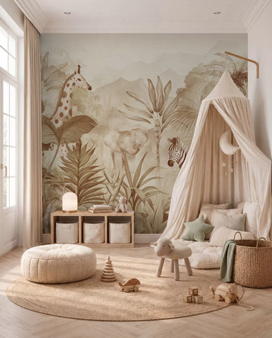 Jungle forest, palm trees, giraffe, elephant, zebra, watercolor, beige color, banana tree, flowers