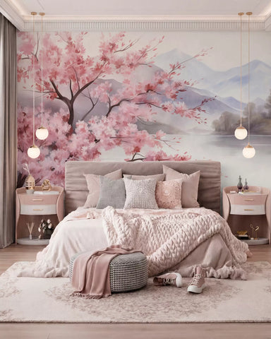 Pink cherry blossom tree over a lake with misty lavender mountains wall mural behind a blush bed