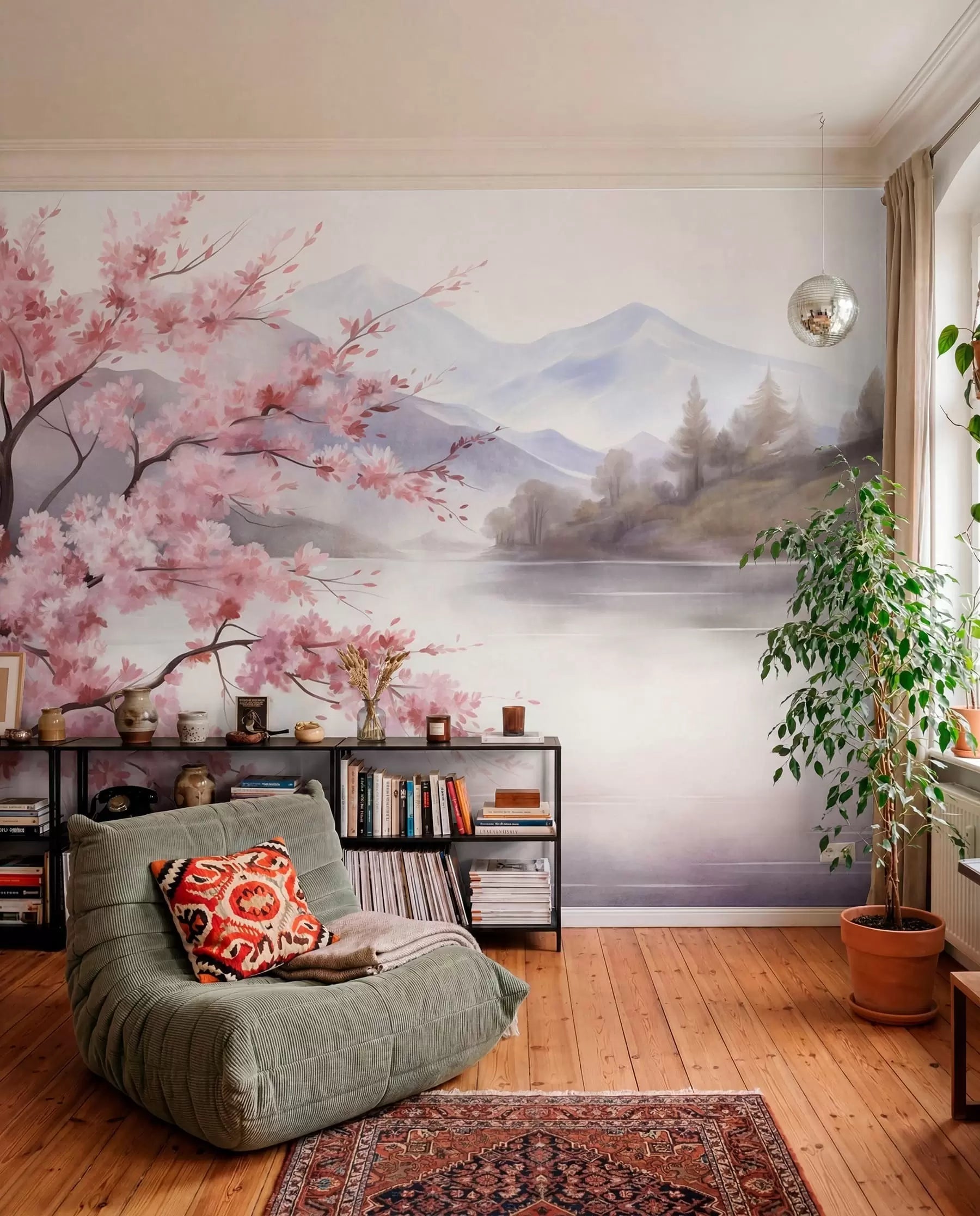 Blossom tree and lake landscape mural in a reading corner with a green lounge chair