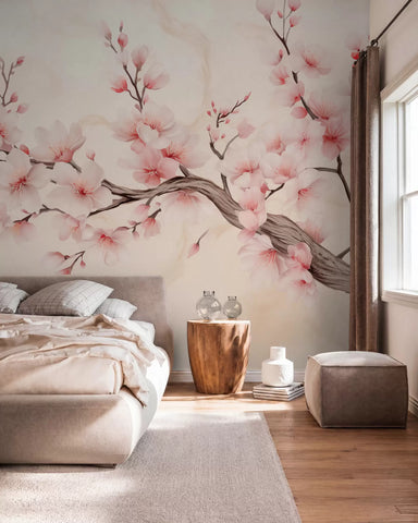 Pink cherry blossom branch wall mural in soft watercolor behind a bed with beige bedding and a wooden side table