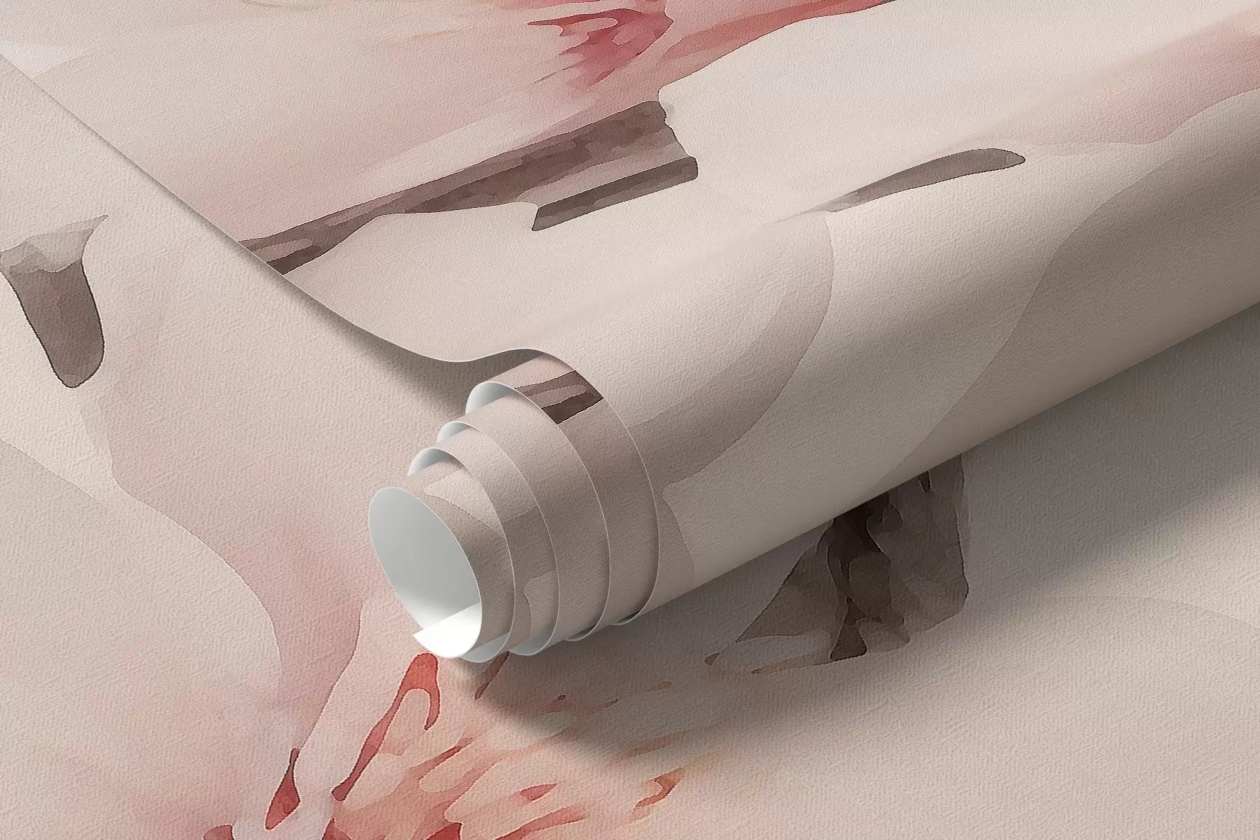 Rolled pink cherry blossom mural wallpaper showing the soft watercolor print in blush, beige and grey