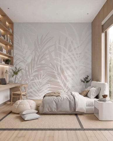 Pale grey tropical leaves wall mural on cream in a living room with wooden shelves