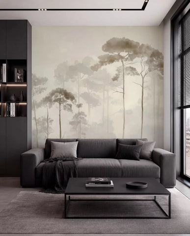 Misty pine silhouettes mural behind a charcoal sofa in a modern living room