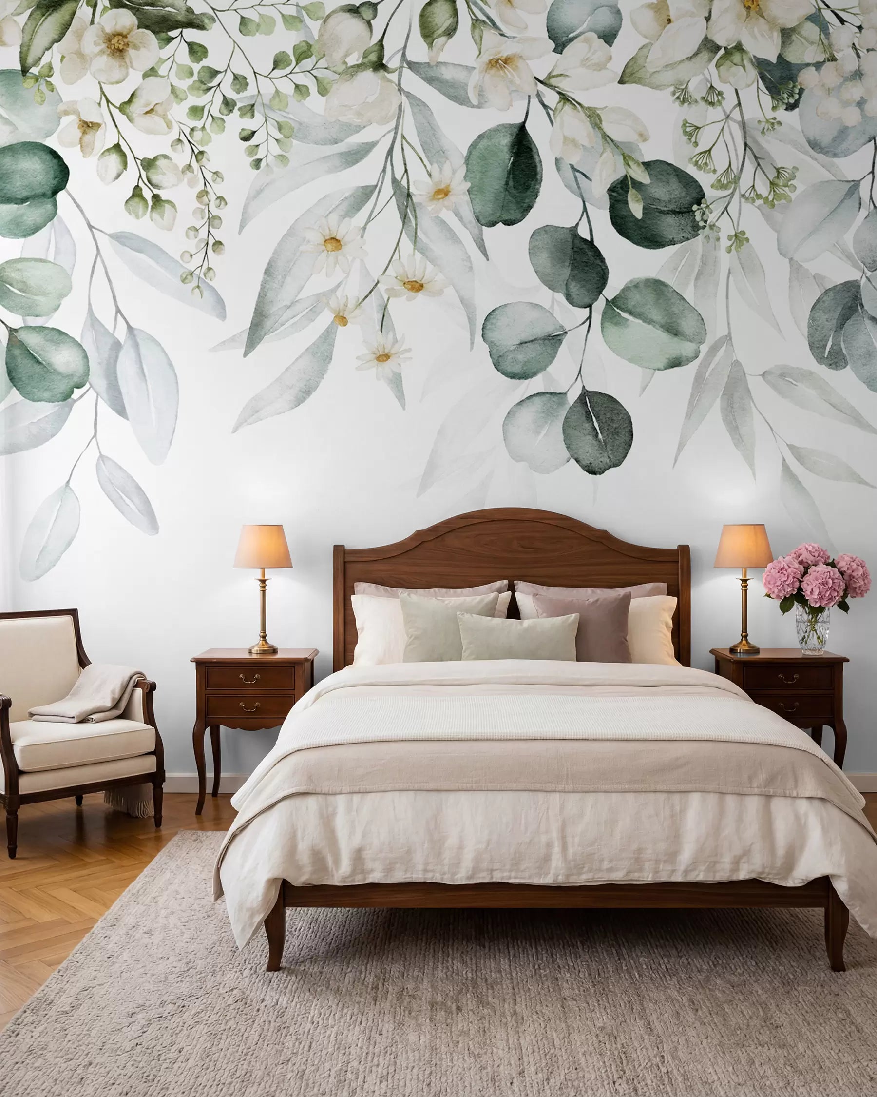 Green leaves and flowers mural behind a wooden bed