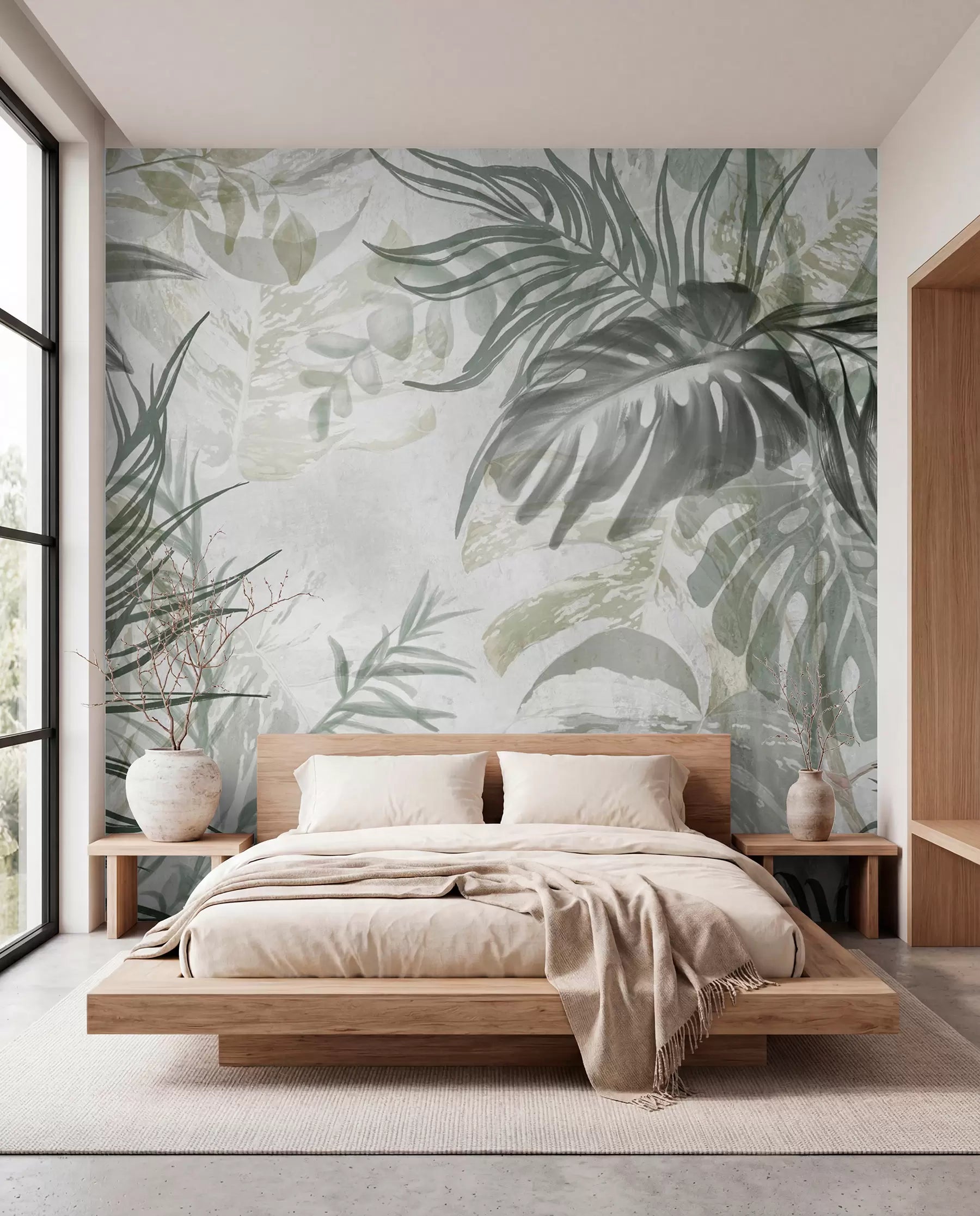 Monstera and palm leaves wall mural in soft green and grey behind a low wooden bed