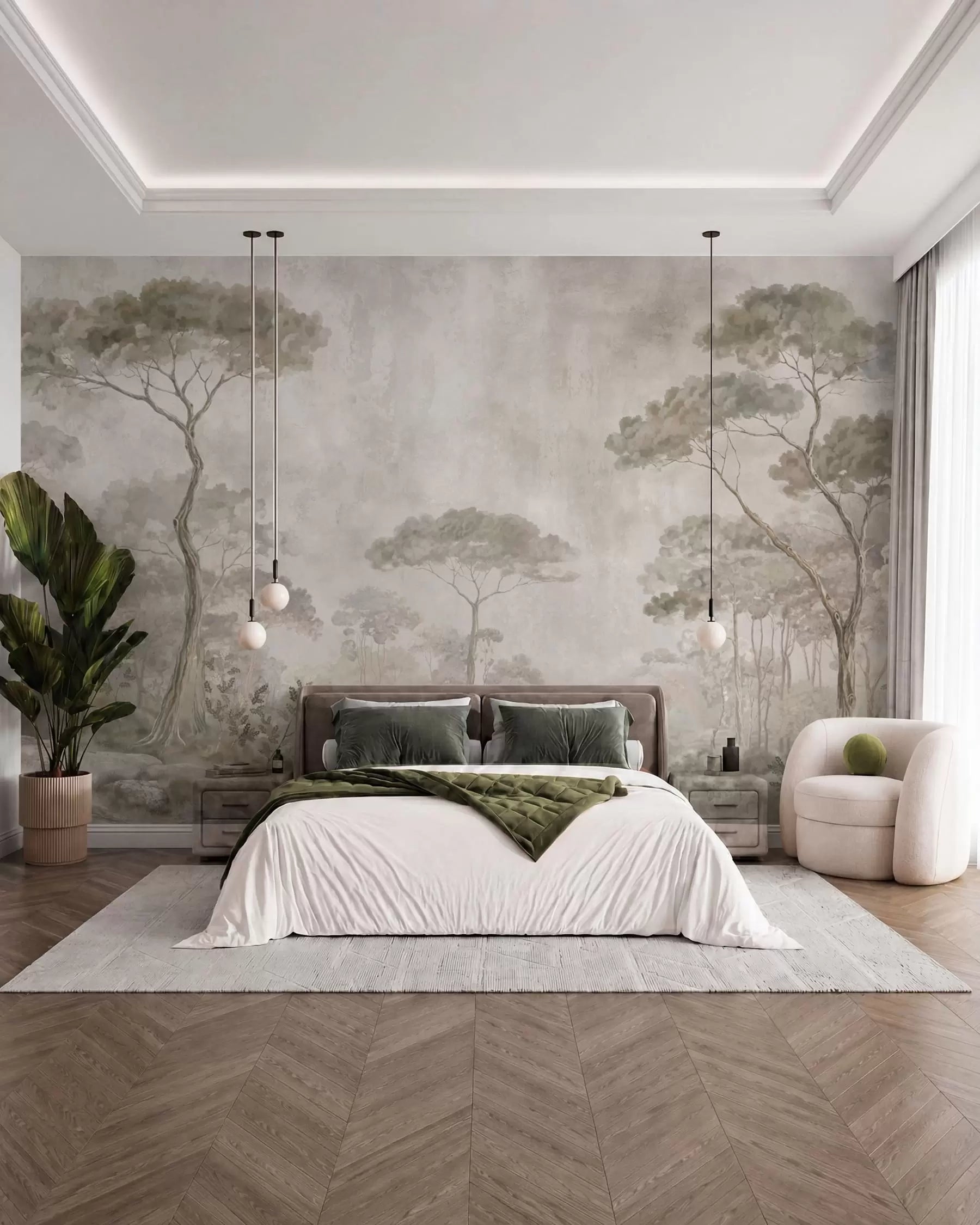 Pastel misty forest mural behind a bed in a calm bedroom