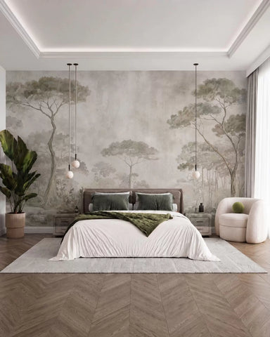 Pastel misty forest mural behind a bed in a calm bedroom