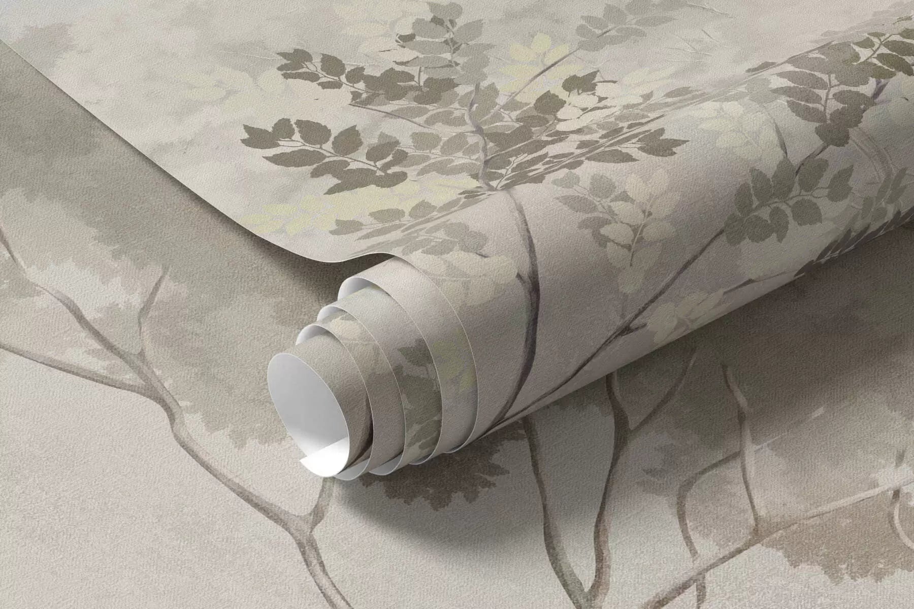 Rolled misty forest mural wallpaper in soft natural pastels