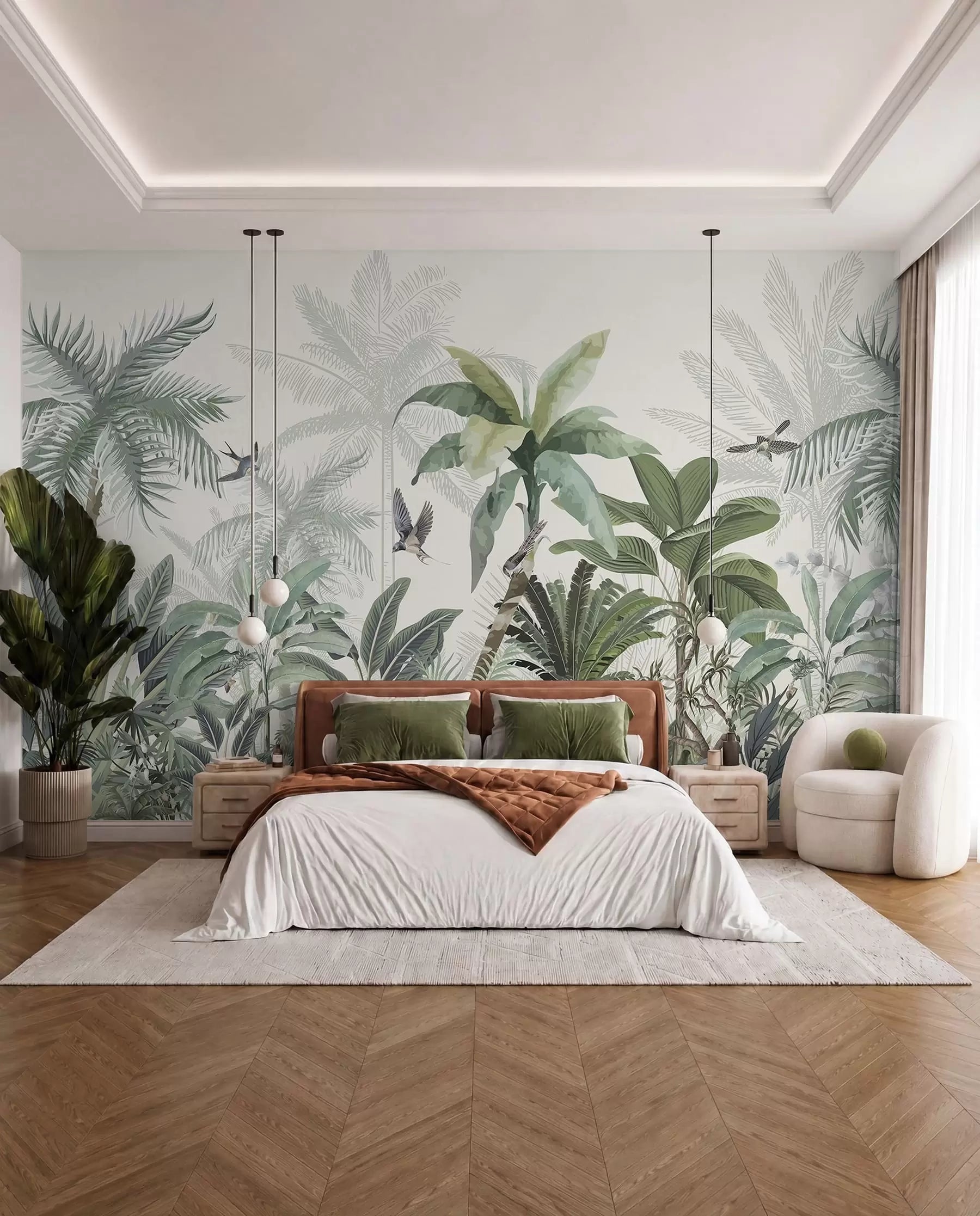 Tropical jungle wall mural with palm trees in soft green behind a bed with a rust throw and cream armchair