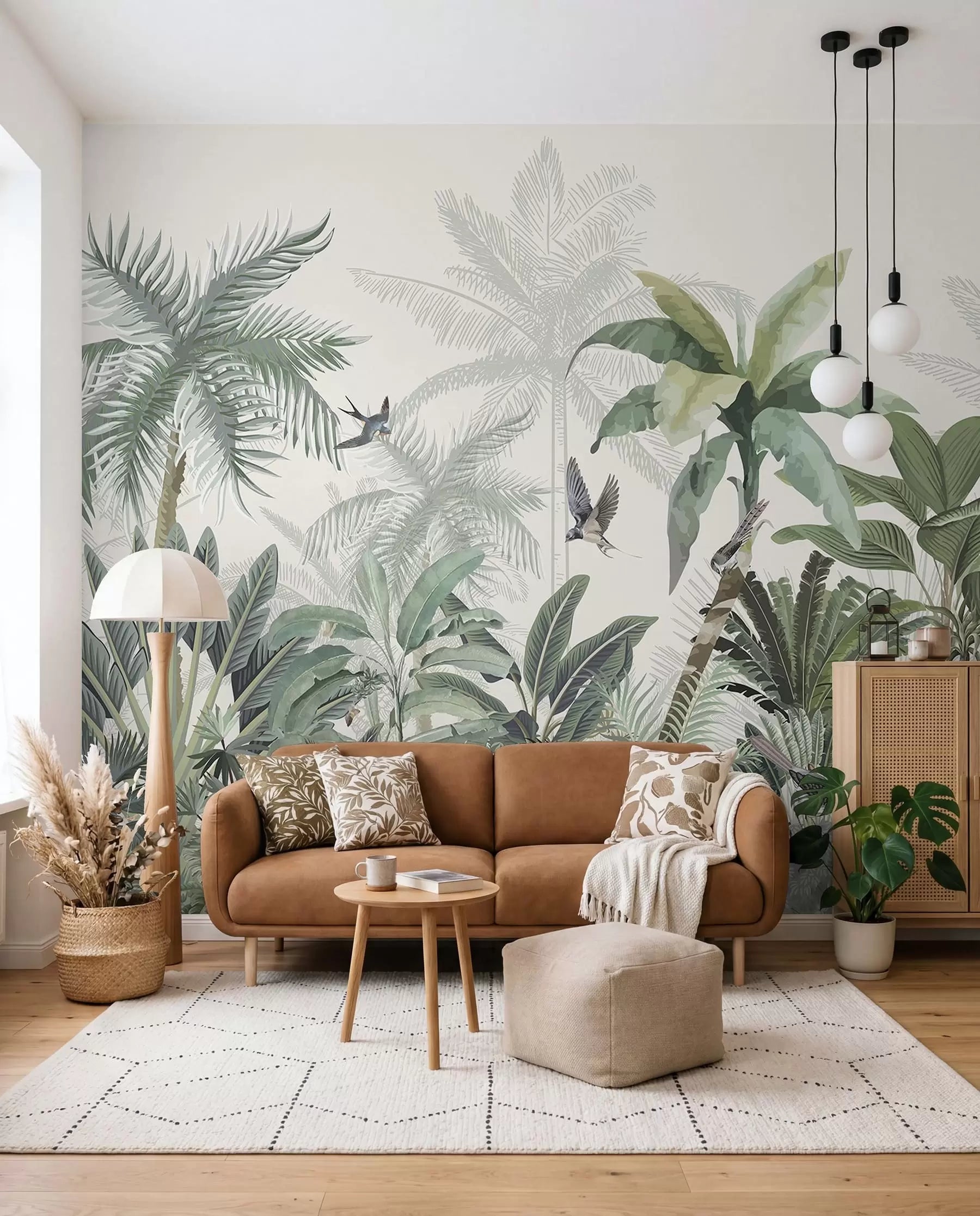 Palm tree jungle wall mural in a living room with a tan leather sofa and round pouf