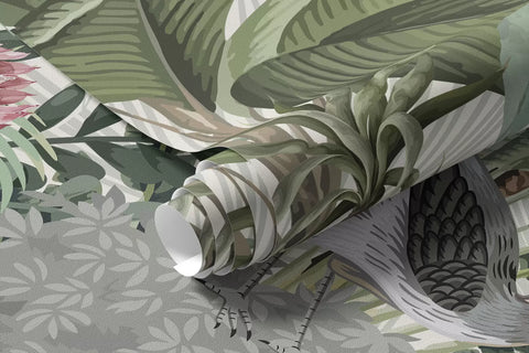Rolled tropical jungle mural wallpaper showing large green palm leaves