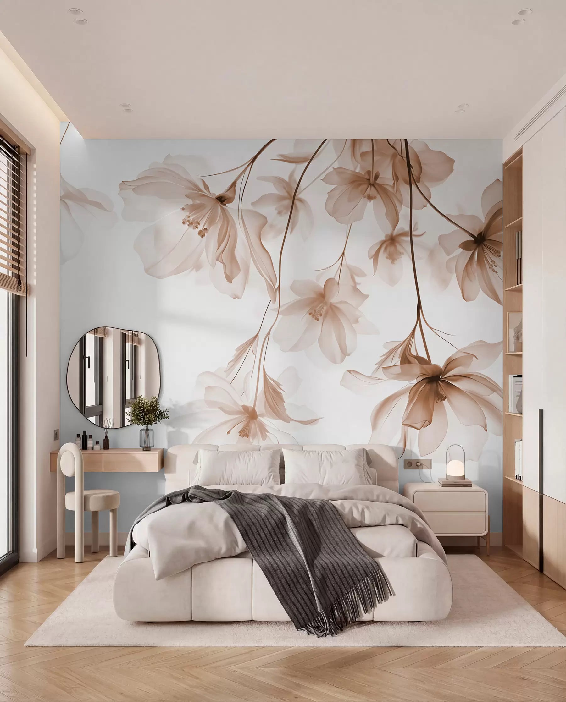 Sheer beige flower branch mural behind a bed with grey and white bedding