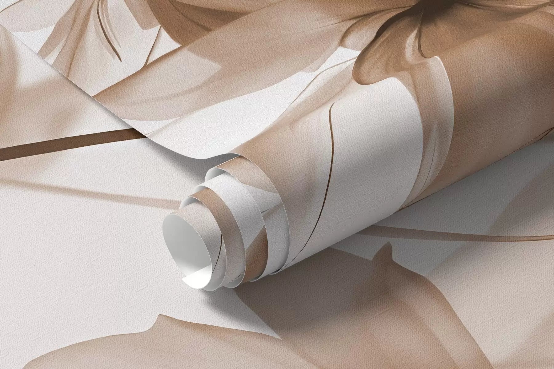 Rolled translucent beige flowers mural wallpaper in soft taupe tones
