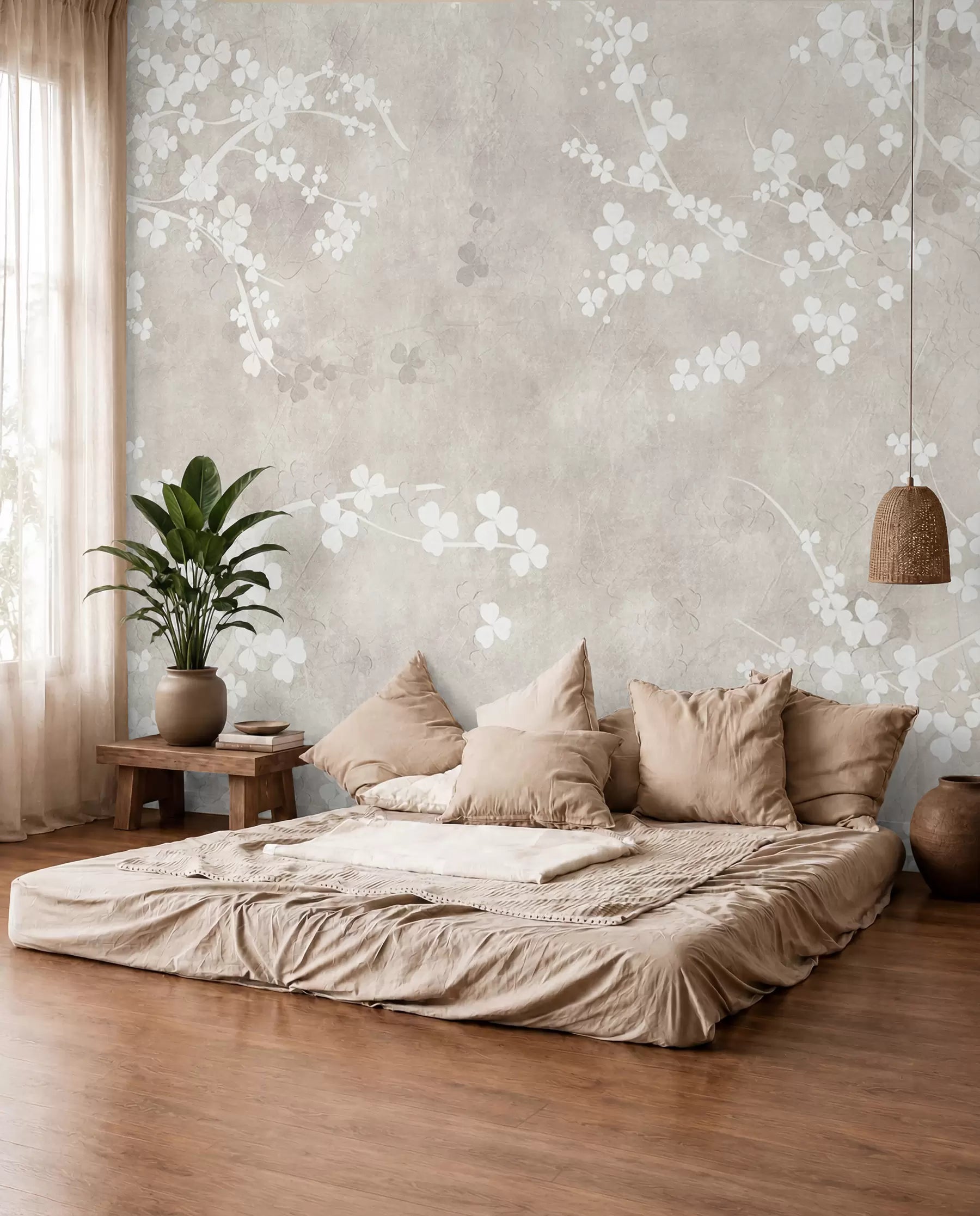 White blossom twigs mural behind a low floor bed with beige cushions