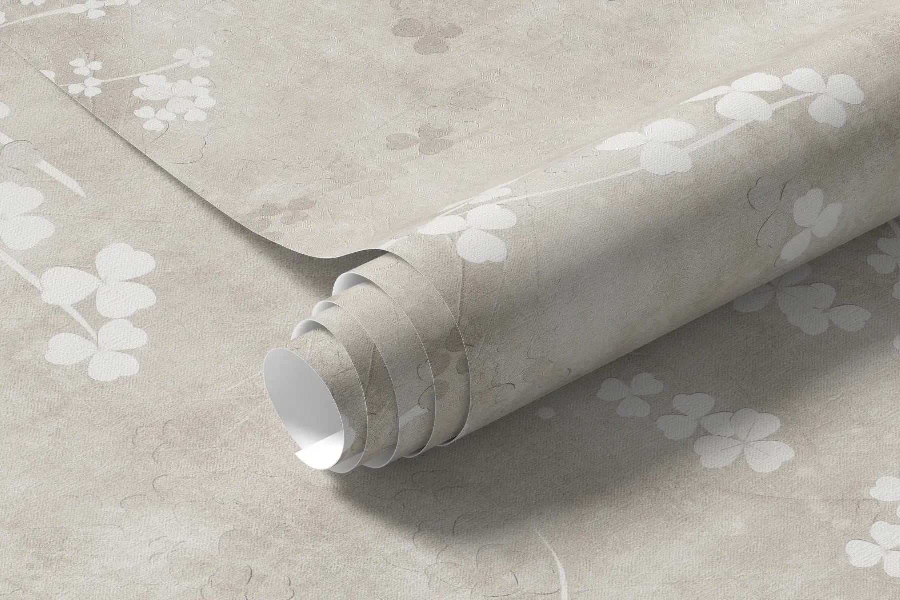 Rolled white twigs and flowers mural wallpaper in taupe