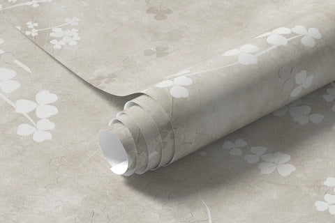 Rolled white twigs and flowers mural wallpaper in taupe