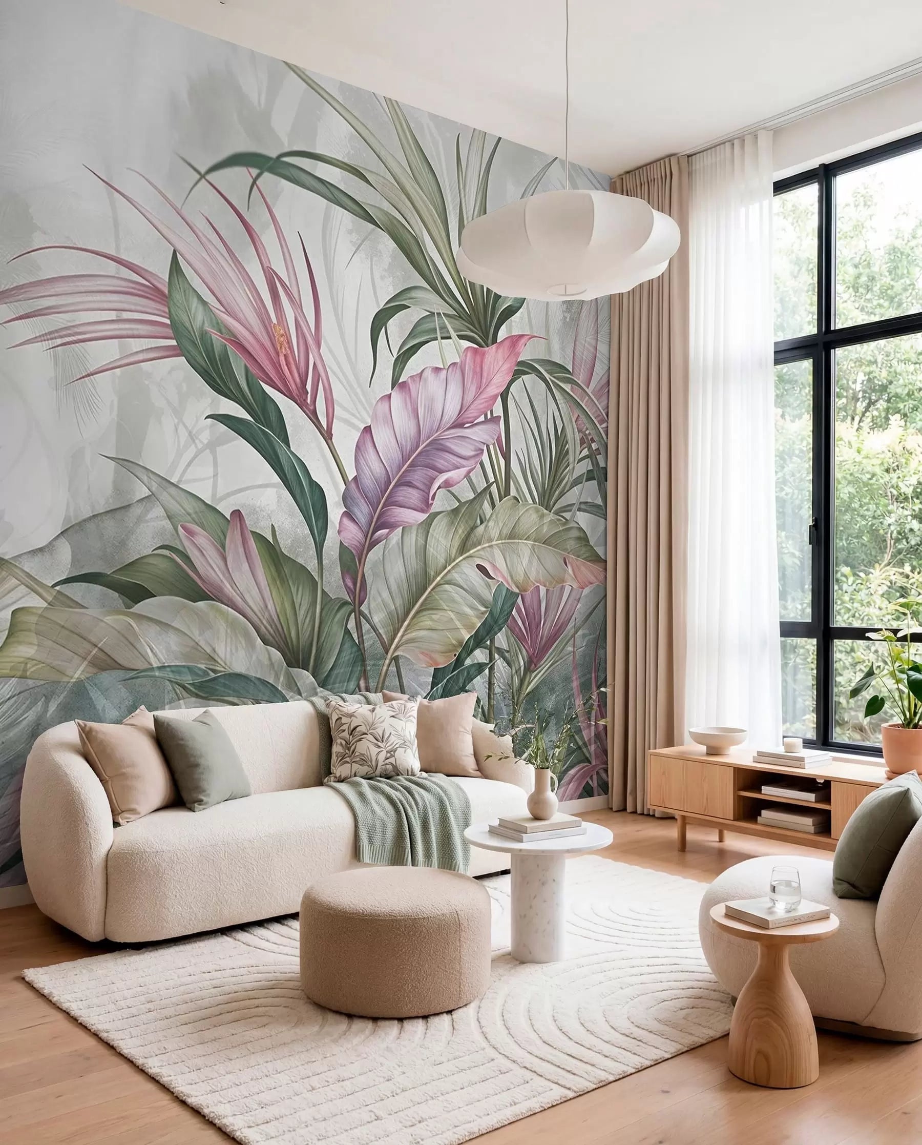 Tropical protea mural in a living room with a cream sofa