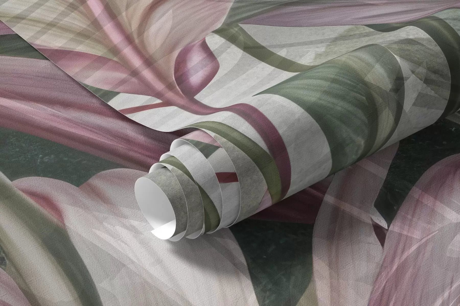Rolled tropical leaves and protea mural wallpaper in green and pink