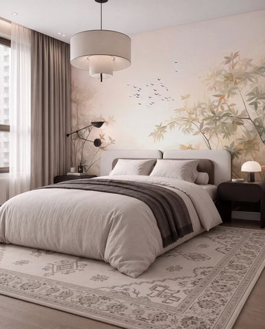 Textured pastel trees with a flock of birds in the sky wall mural behind a bed with grey bedding