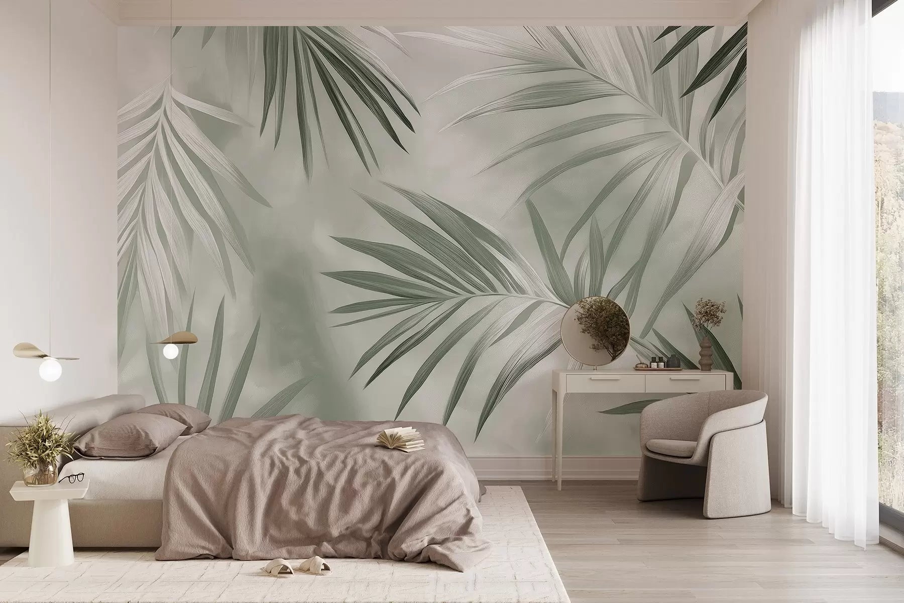 Abstract palm leaf mural in a bedroom with a small desk and plant