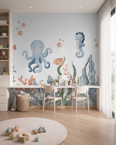 Underwater world with whale, octopus, turtle