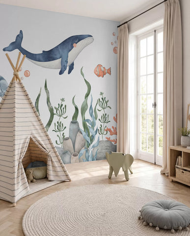 Underwater world with whale, octopus, turtle