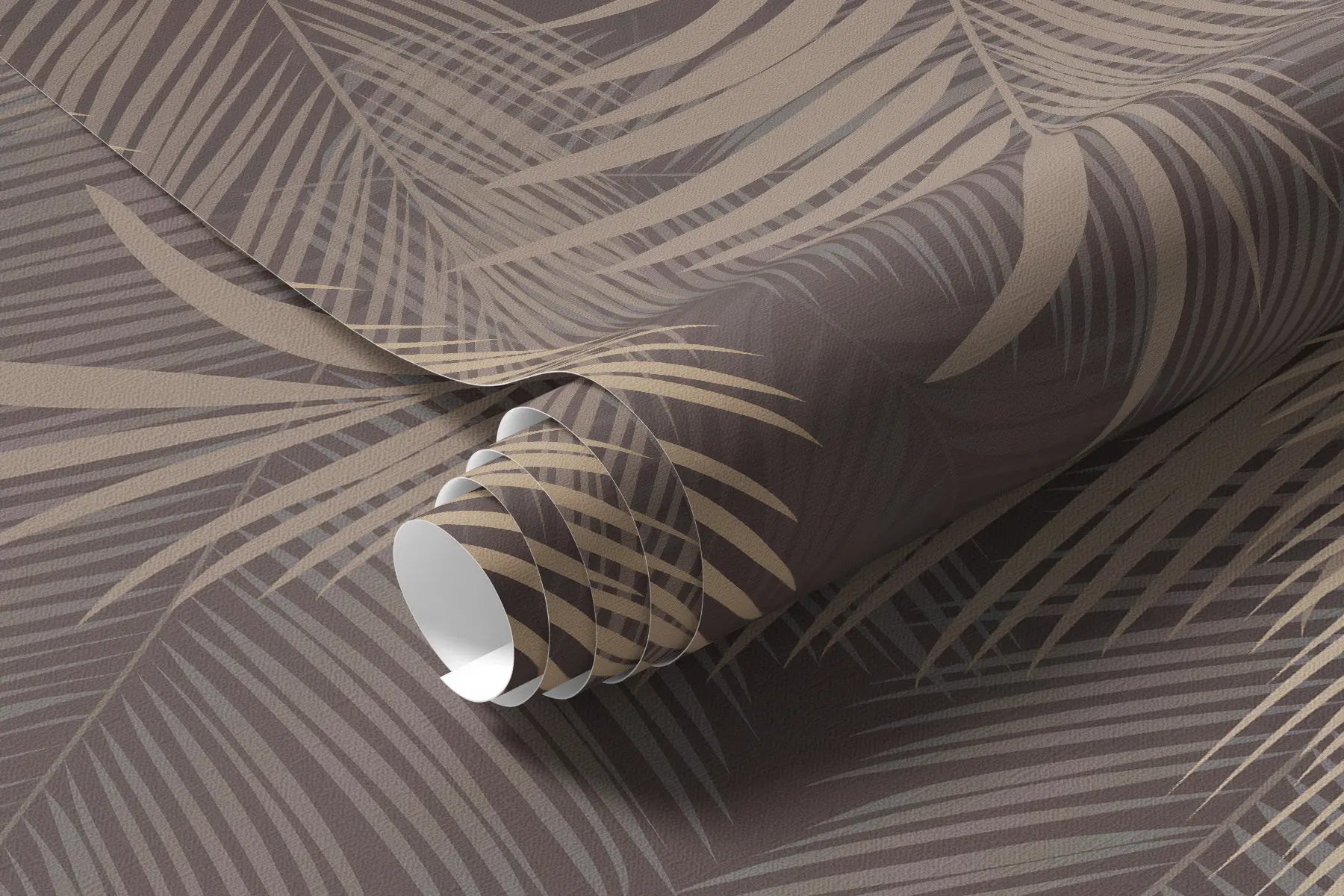 Rolled hanging palm fronds mural wallpaper in taupe and beige