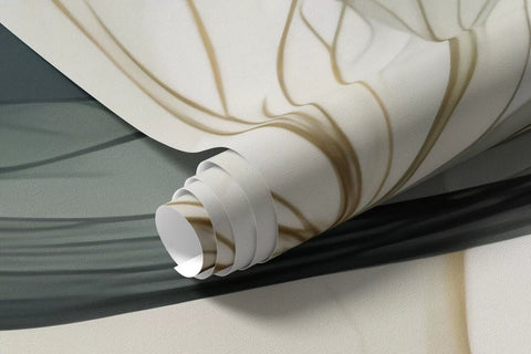 Rolled abstract leaf mural wallpaper with dark green and gold-veined leaves