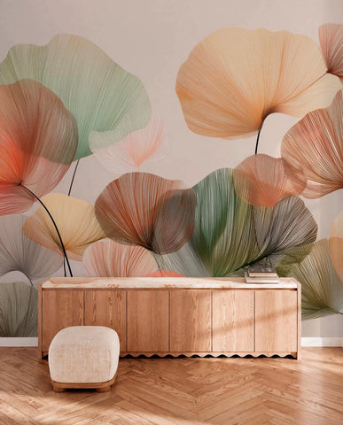 Translucent ginkgo leaf mural with a wooden bench in a bright room
