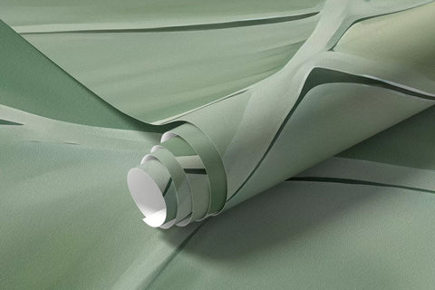 Rolled green monstera leaves mural wallpaper in sage and cream