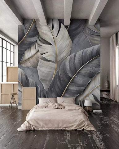 Luxurious grey tropical leaf mural in a loft bedroom with exposed beams