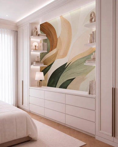 Abstract organic shapes wall mural in green, brown and beige above a white dresser in a bedroom with built-in shelves