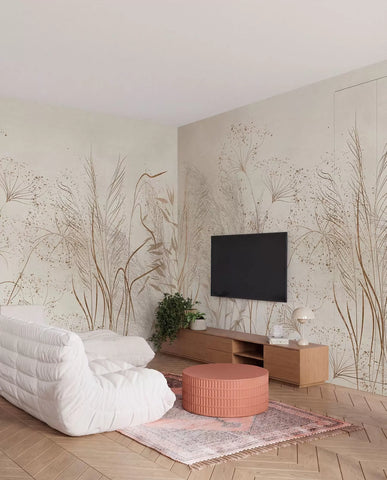 Beige botanical line art wall mural with grasses and spikelets in a living room with a white sofa and TV unit