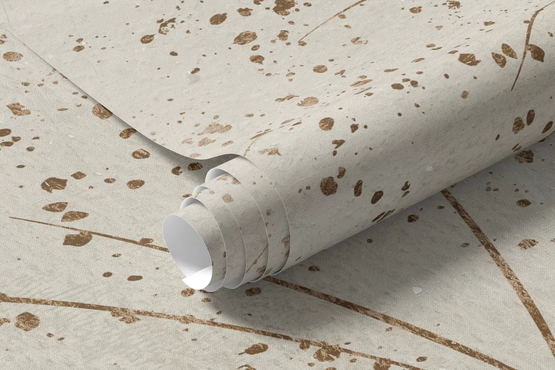 Rolled beige botanical mural wallpaper showing fine grass lines and speckled texture