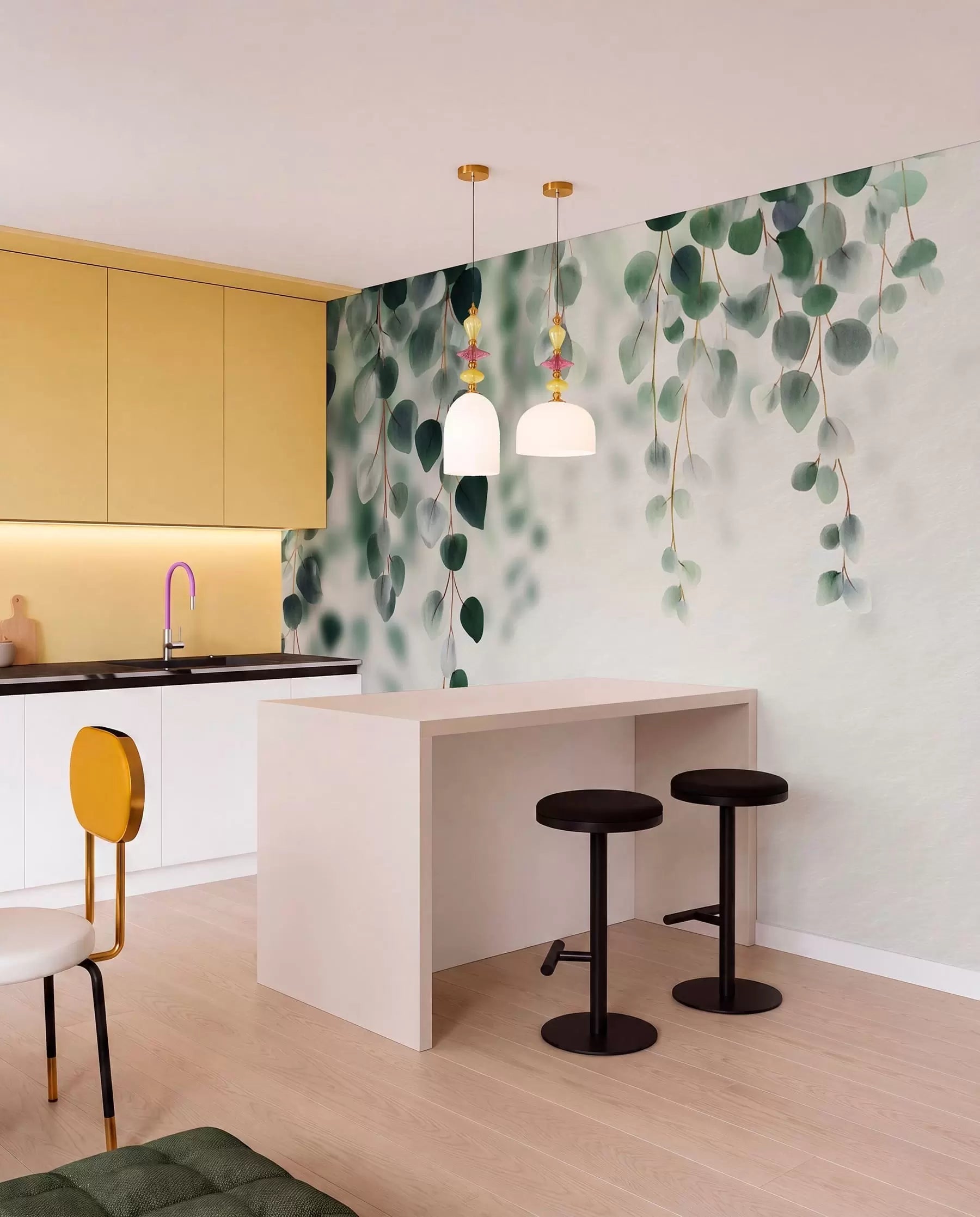 Trailing eucalyptus mural in a kitchen with yellow cabinets and black bar stools