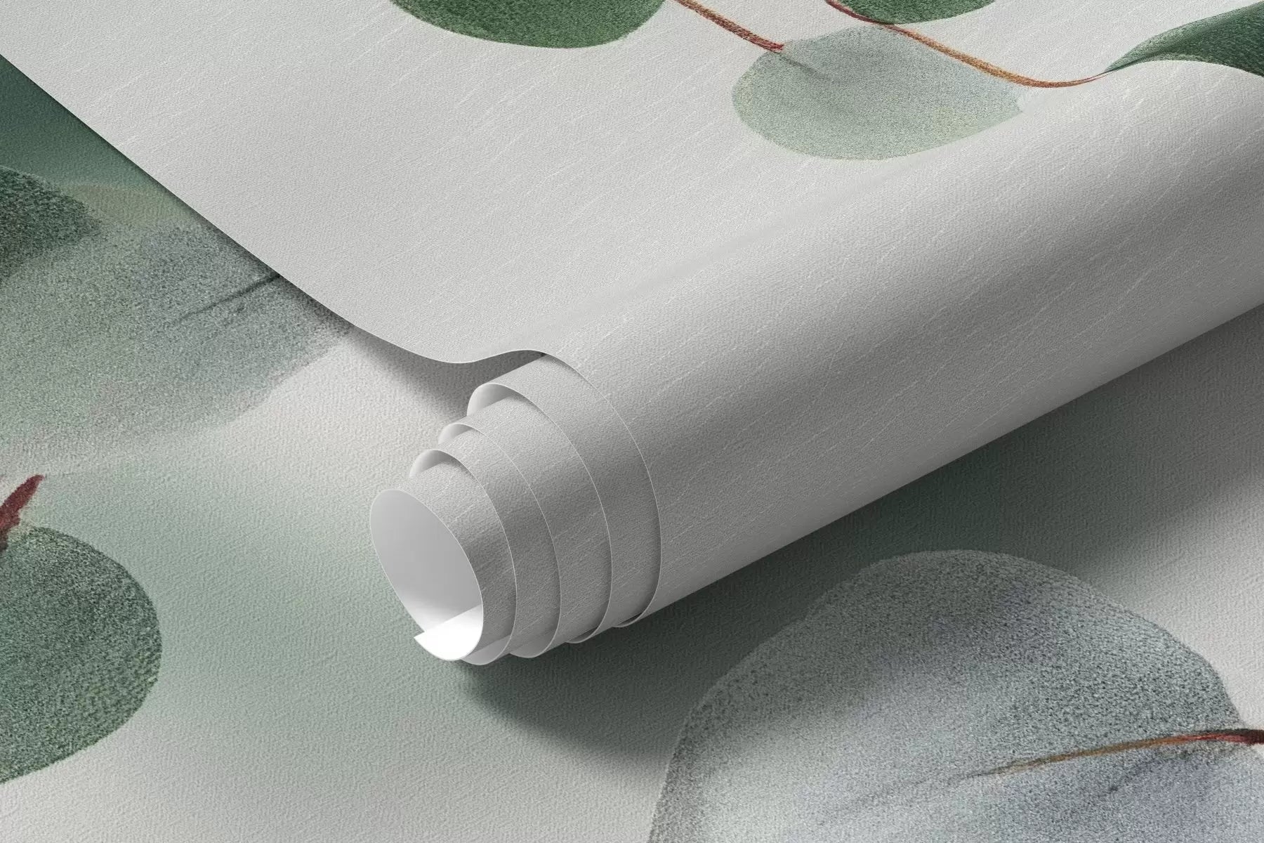 Rolled eucalyptus mural wallpaper with green leaves on white