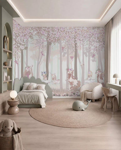 A forest with princesses and unicorns