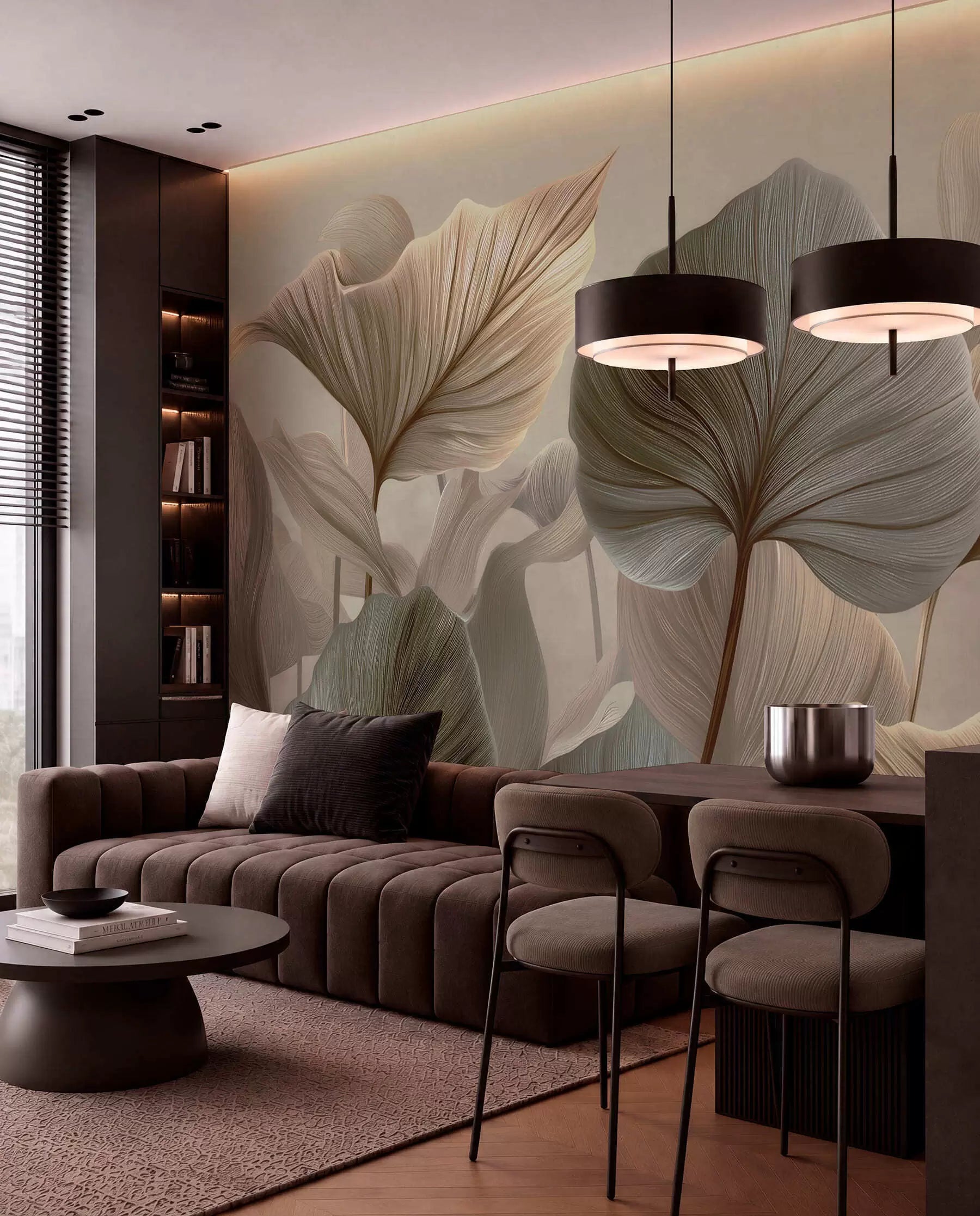 Large veined leaves wall mural in taupe and sage behind a dark brown sofa and dining chairs