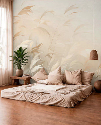 Soft beige pampas reeds wall mural on cream behind a low floor bed with blush bedding