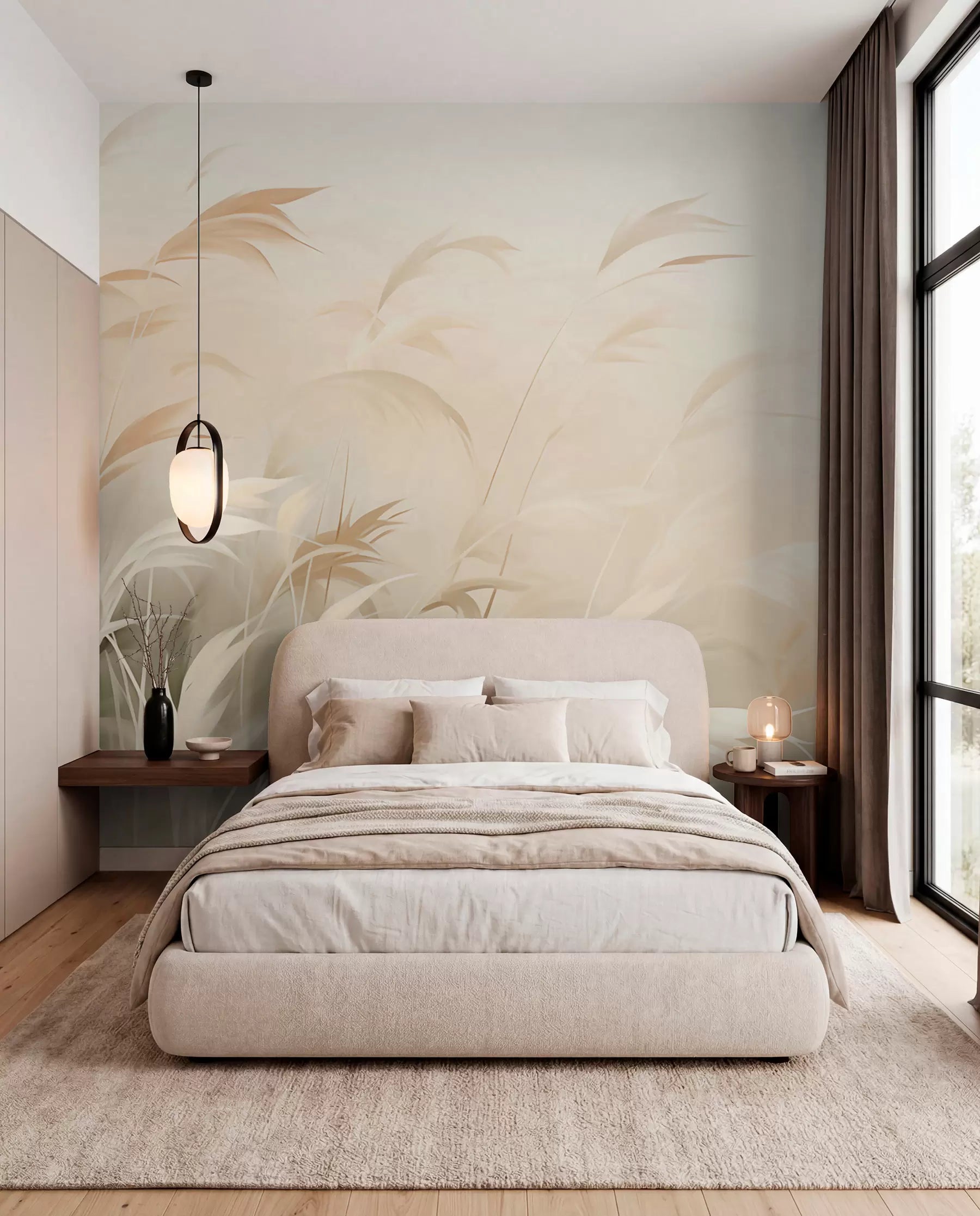 Neutral pampas grass mural behind an upholstered bed in a bright bedroom