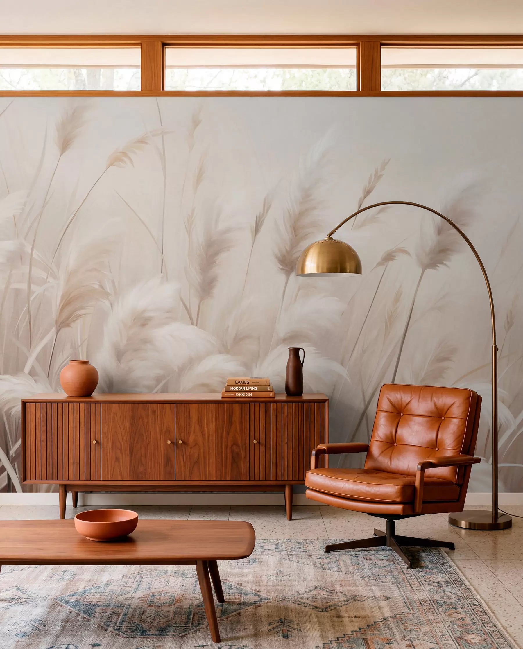 Pampas grass mural in a mid-century living room with a leather armchair and arc lamp