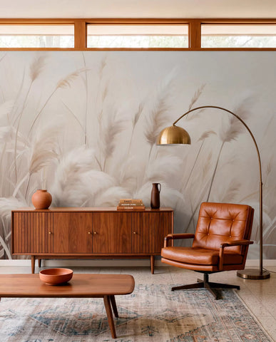 Pampas grass mural in a mid-century living room with a leather armchair and arc lamp