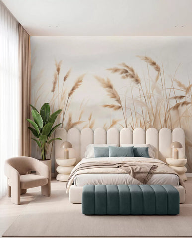 Tall dry grass and wheat ears wall mural in beige behind a scalloped headboard and teal bench