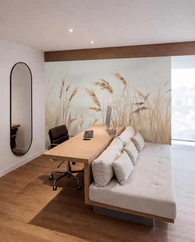 Dry grass mural in a bedroom with a wooden desk and grey sofa