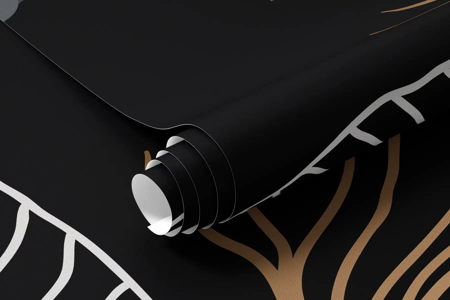 Rolled black tropical foliage mural wallpaper with gold line leaves