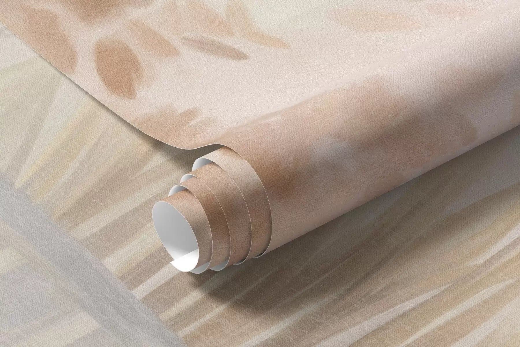Rolled misty watercolor lake mural wallpaper in blush and peach