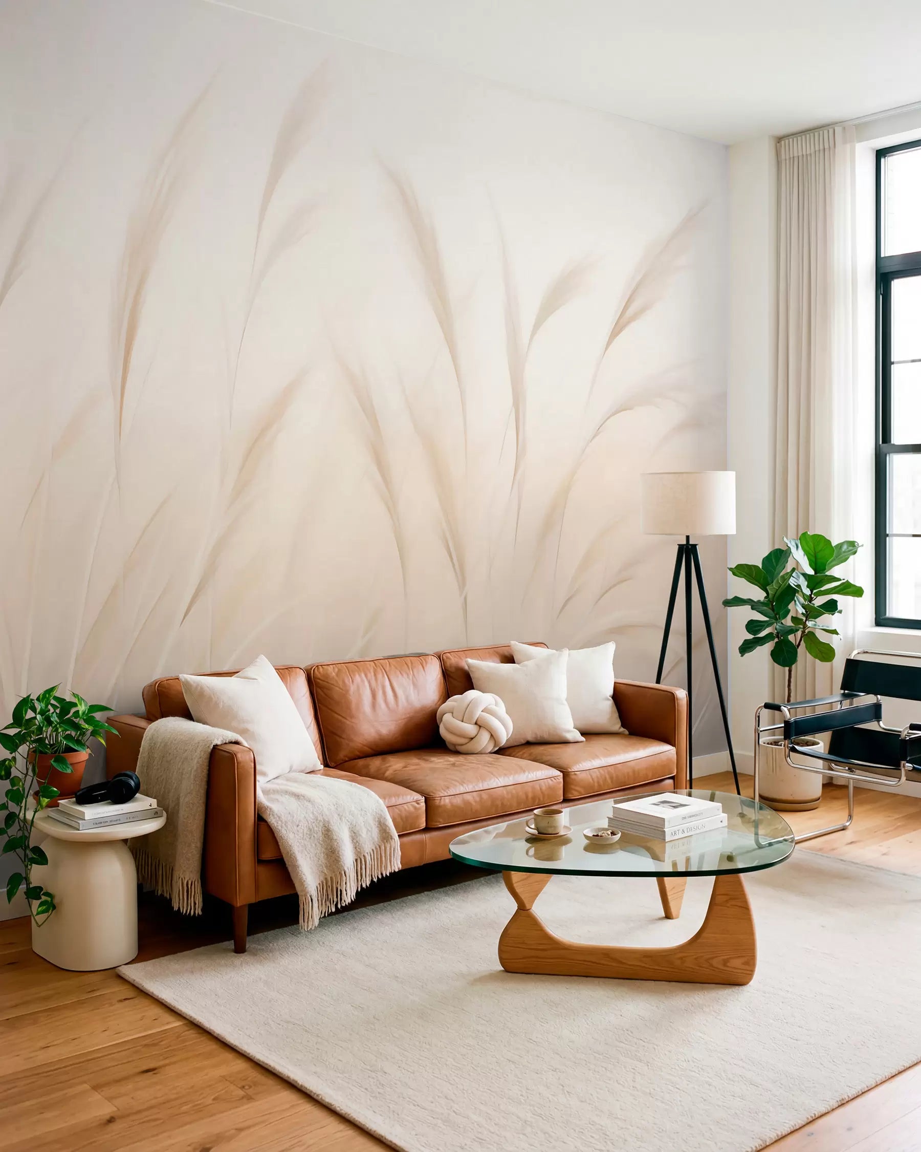 Soft beige grass plumes wall mural on cream behind a tan leather sofa and glass coffee table