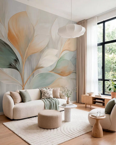 Oversized abstract leaf wall mural in cream, peach and sage green in a living room with a curved cream sofa