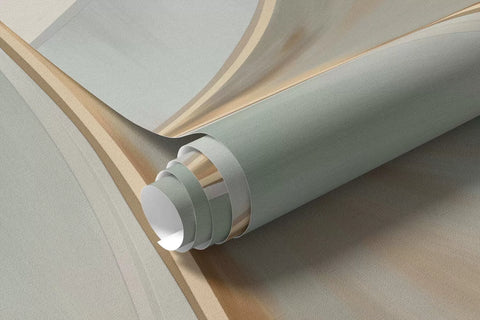 Rolled abstract leaf mural wallpaper in sage green and peach tones