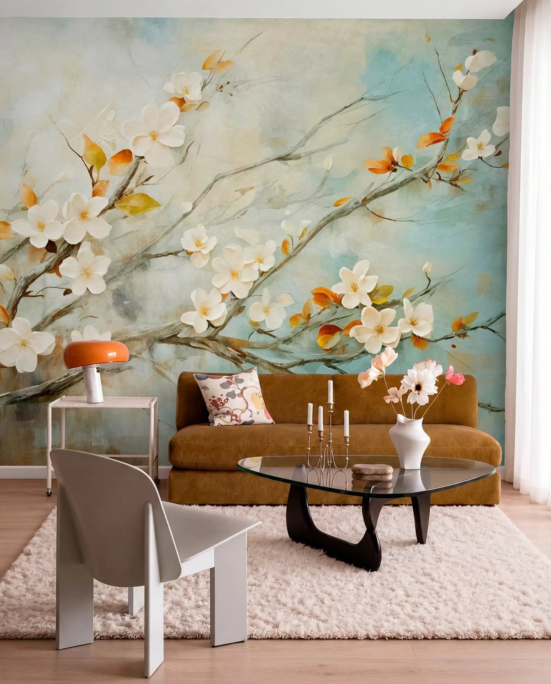 White blossom branches mural in a living room with a rust leather sofa
